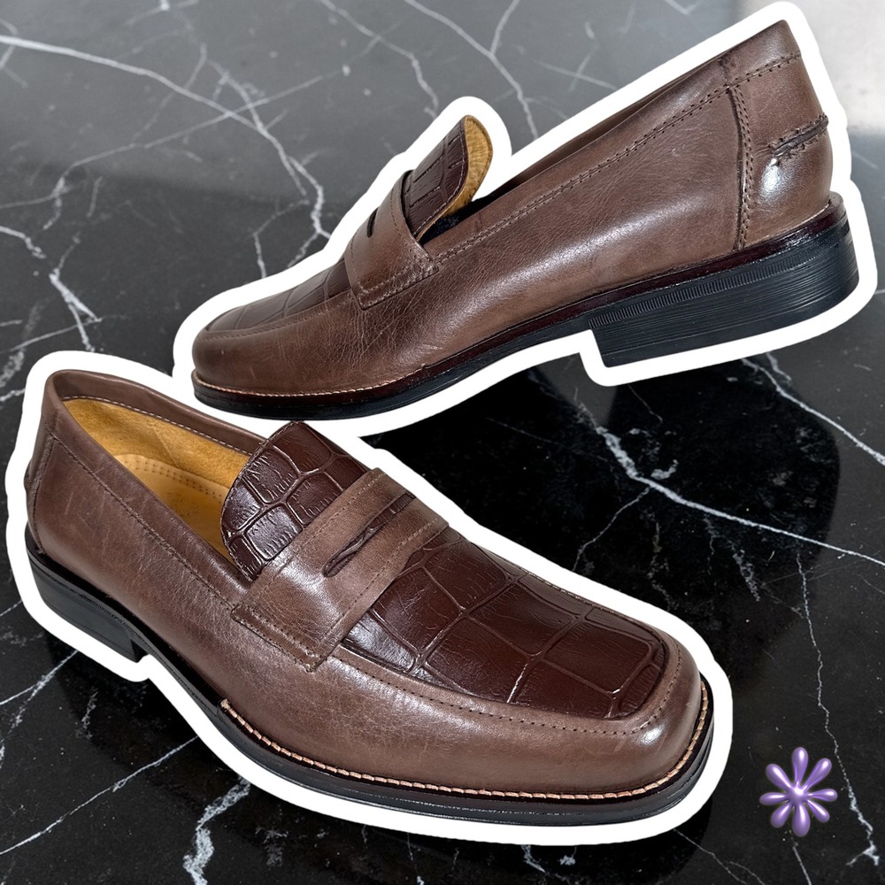 NWOT SANDRO MOSCOLONI Croc Embossed Leather Penny Loafers‎ | Brown | Men's 9D
